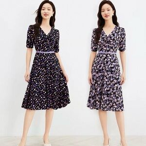 2 in 1 Double Side V-Neck Black Midi A-Line Dress with Pink & Purple Leaves/Dots